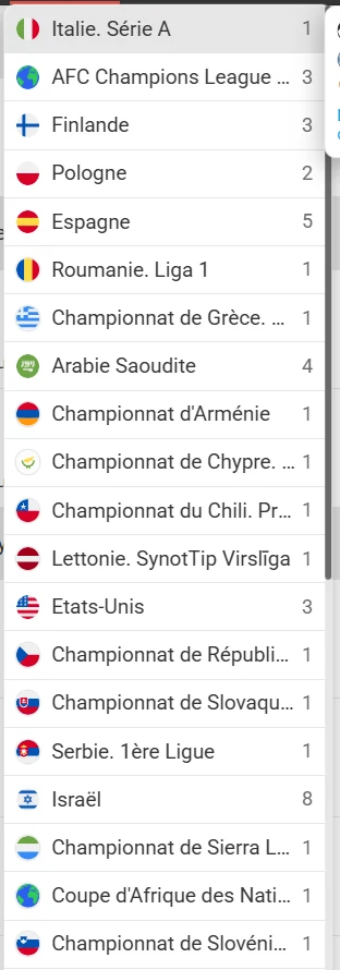Liste des championnats de football proposés par MegaPari, interface en français